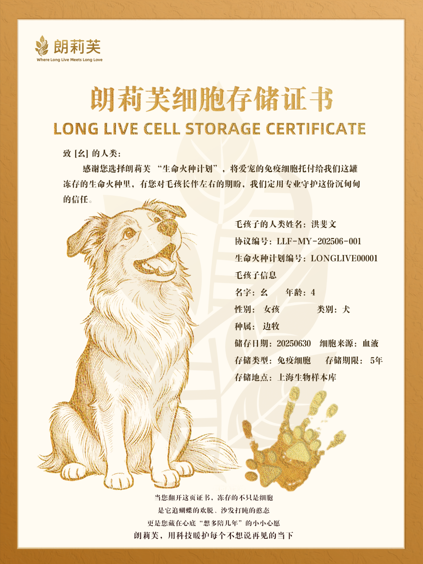 狗狗版亚克力封装免疫细胞存储证书